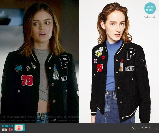 Zara Patch Jacket worn by Aria Montgomery (Lucy Hale) on Pretty Little Liars