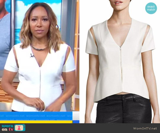Bcbgmaxazria Zip V-Neck Cold Shoulder Top worn by Mara Schiavocampo on Good Morning America