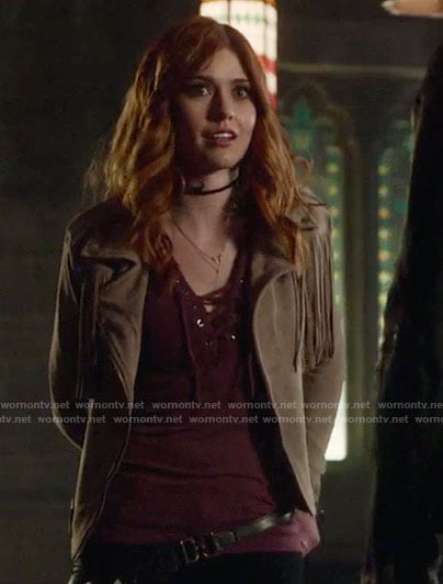 Clary’s beige moto jacket on Shadowhunters