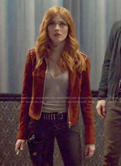 Clary’s split-neck top and red suede jacket on Shadowhunters