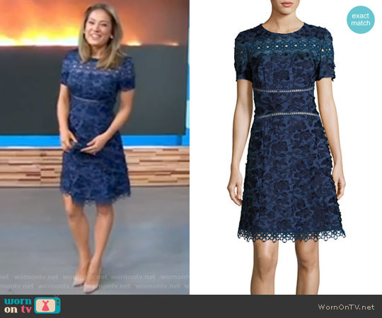 Elie Tahari Adina Short-Sleeve Floral Applique & Lace Dress worn by Ginger Zee on Good Morning America