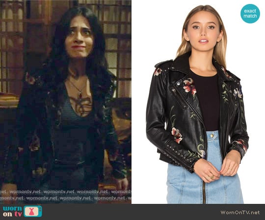 Blank NYC Embroidered Faux Leather Moto Jacket worn by Isabelle Lightwood (Emeraude Toubia ) on Shadowhunters