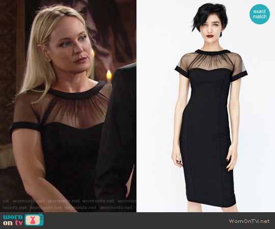 Maggy London Illusion Yoke Crepe Sheath Dress in Black worn by Sharon Newman (Sharon Case) on The Young and the Restless