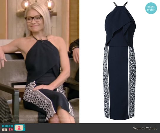 Roland Mouret Navy Blue Side Print Halterneck Dress worn by Kelly Ripa on Live with Kelly and Mark