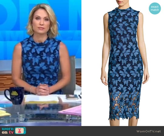 Shoshanna Midnight Floral Lace Midi Dress worn by Amy Robach on Good Morning America