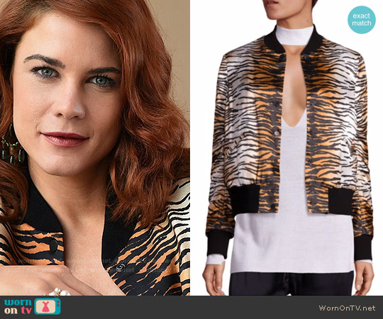 A.L.C. Lloyd Tiger Print Silk Bomber Jacket worn by Sally Spectra (Courtney Hope) on The Bold and the Beautiful