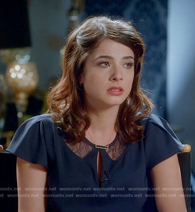 Alexis’s navy lace collar top on Famous in Love