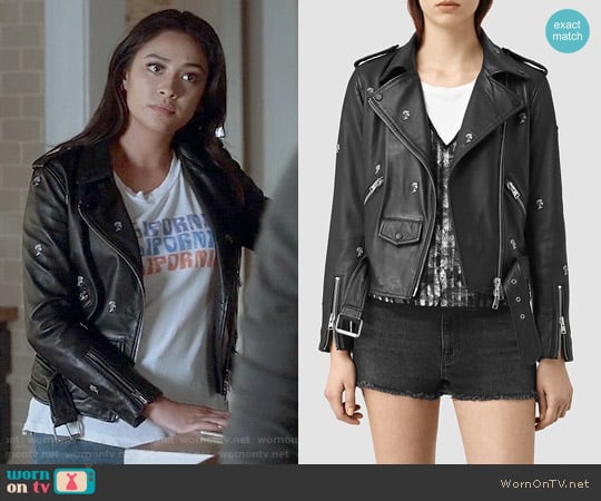 All Saints Eaves Palm Tree Leather Jacket worn by Emily Fields (Shay Mitchell) on Pretty Little Liars
