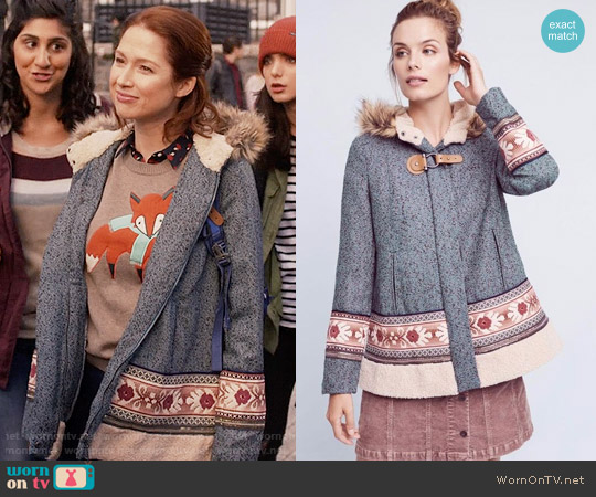 Elevenses at Anthropologie Embroidered Northerner Coat worn by Kimmy Schmidt (Ellie Kemper) on Unbreakable Kimmy Schmidt