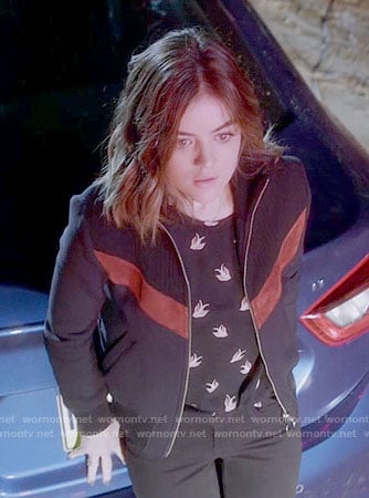 Aria’s black bird print top and chevron jacket on Pretty Little Liars