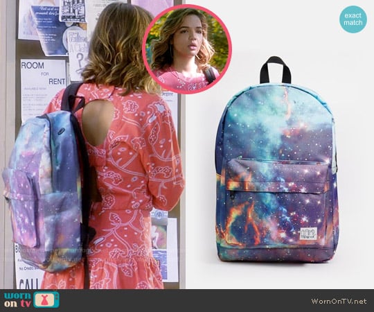 ASOS Spiral Galaxy Neptune Backpack worn by Cassandra (Georgie Flores) on Famous in Love