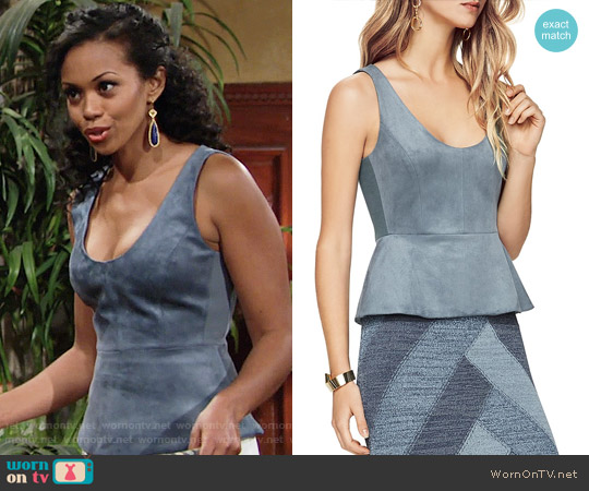 Bcbgmaxazria Cladiana Top in Light Ash Blue worn by Hilary Curtis (Mishael Morgan) on The Young and the Restless