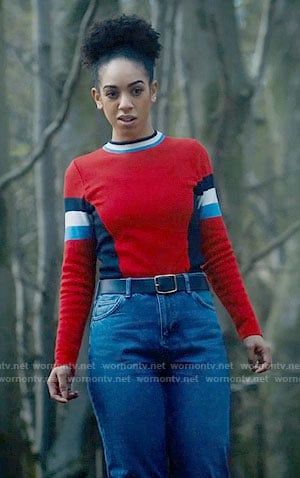 Bill’s red colorblock sweater on Doctor Who