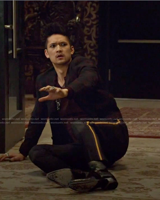 Magnus’s black paisley blazer and yellow line pants on Shadowhunters