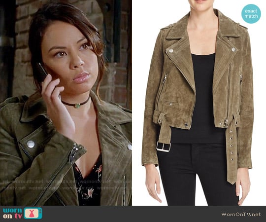 Blank NYC Suede Moto Jacket in Olive Green worn by Mona Vanderwaal (Janel Parrish) on Pretty Little Liars