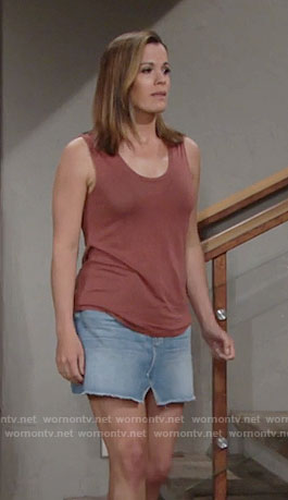 Chelsea’s denim skirt and tank top with back cutouts on The Young and the Restless