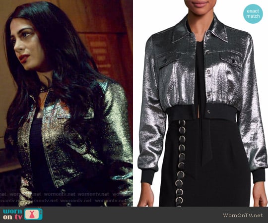 Cinq a Sept Kane Metallic Cropped Jacket worn by Isabelle Lightwood (Emeraude Toubia ) on Shadowhunters