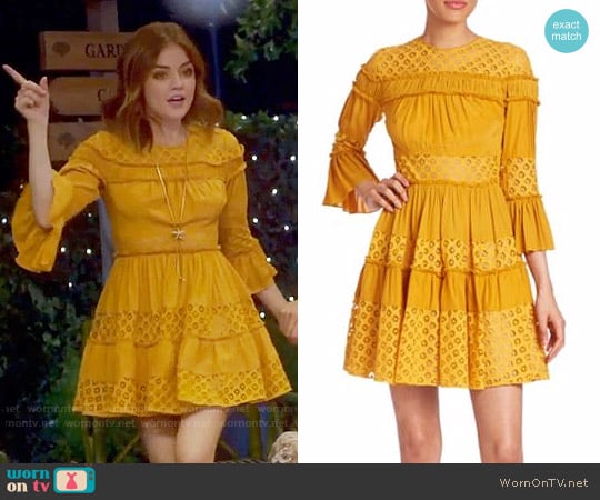 Cinq a Sept Octavia Dress in Goldenrod worn by Aria Montgomery (Lucy Hale) on Pretty Little Liars