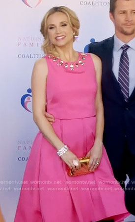 Heather’s pink embellished crop top and pleated skirt on Daytime Divas
