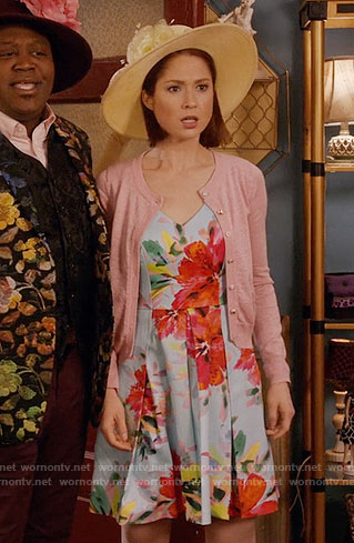 Kimmy’s floral church dress and pink cardigan on Unbreakable Kimmy Schmidt