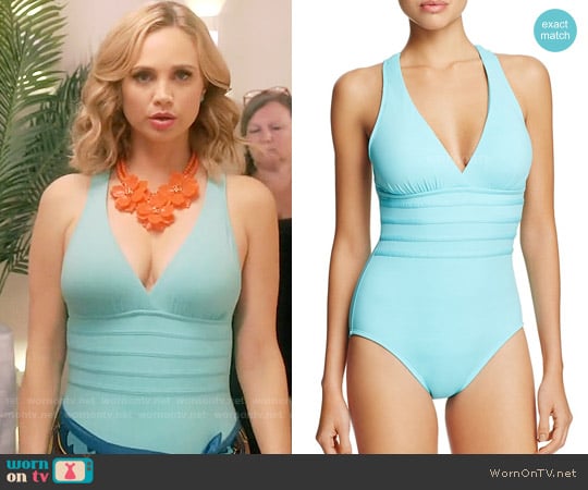 La Blanca Solid Multistrap Cross Back Maillot One Piece Swimsuit in Ice Blue worn by Heather Flynn-Kellogg (Fiona Gubelmann) on Daytime Divas