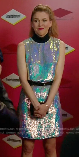 Liza’s silver sequin dress with black neck on Younger