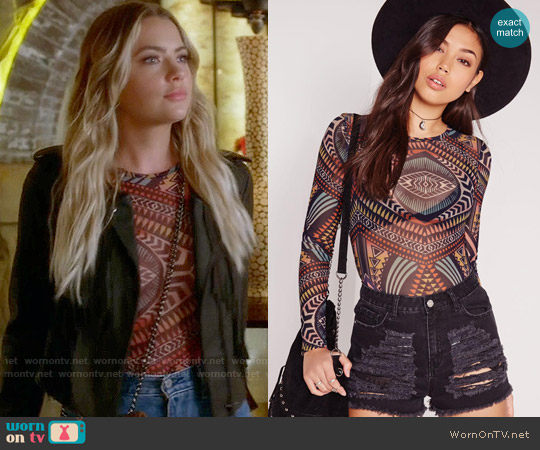 Missguided Tribal Print Mesh Long Sleeve Bodysuit worn by Hanna Marin (Ashley Benson) on Pretty Little Liars