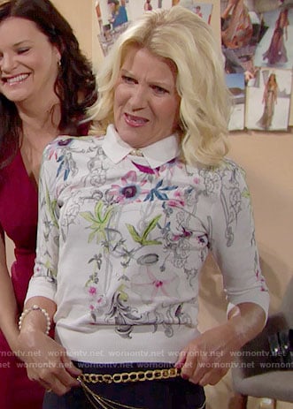 Pam’s white foral collared sweater on The Bold and the Beautiful