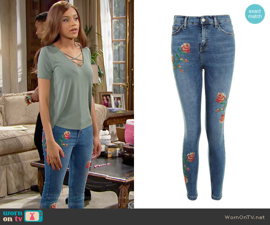 Topshop Jamie Embroidered Skinny Jeans worn by Nicole Avant (Reign Edwards) on The Bold and the Beautiful