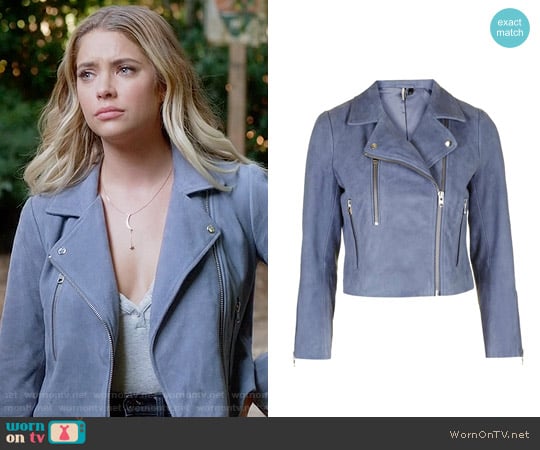 Topshop Suede Biker Jacket worn by Hanna Marin (Ashley Benson) on Pretty Little Liars