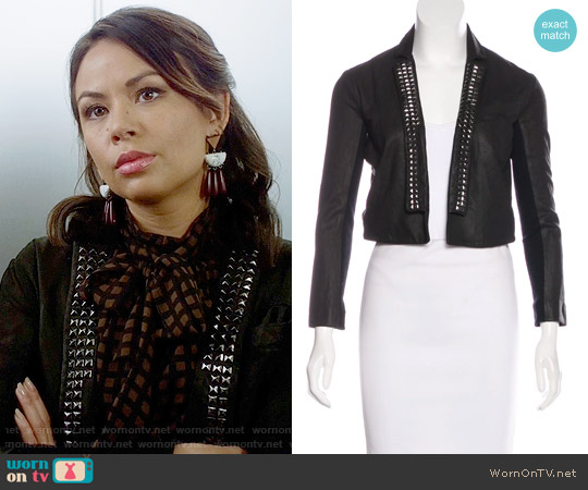 Veda Studded Leather Jacket worn by Mona Vanderwaal (Janel Parrish) on Pretty Little Liars