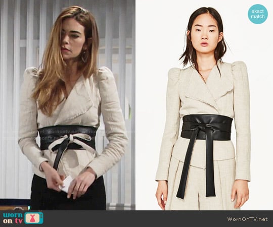 Zara Short Jacket with Contrasting Sash worn by Victoria Newman (Amelia Heinle) on The Young and the Restless