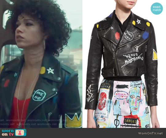 Alice + Olivia Cody Embroidered & Printed Leather Moto Jacket worn by Maia Roberts (Alisha Wainwright ) on Shadowhunters