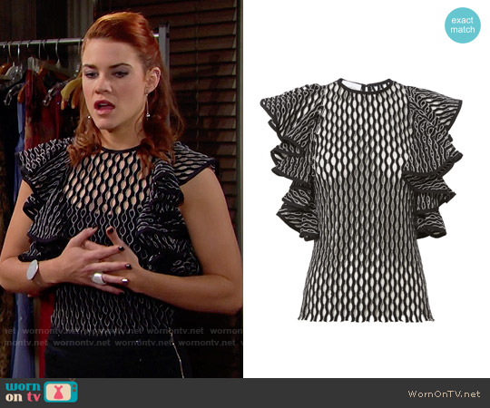 Beaufille Desina Flounce Sleeve Perforated Knit Tank worn by Sally Spectra (Courtney Hope) on The Bold and the Beautiful