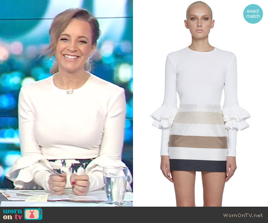 By Johnny. Ribbed Double Frill Sweater Top worn by Carrie Bickmore on The Project