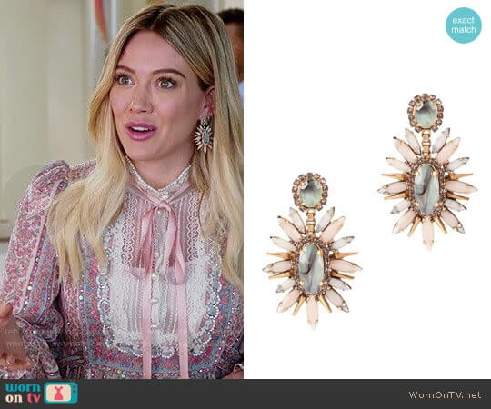 Elizabeth Cole Statement Sage Blush Earrings worn by Kelsey Peters (Hilary Duff) on Younger