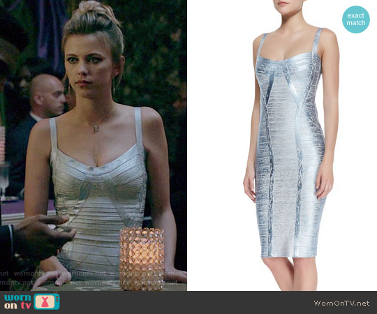 Herve Leger Judith Foiled Metallic Bandage Dress worn by Freya Mikaelson (Riley Voelkel) on The Originals