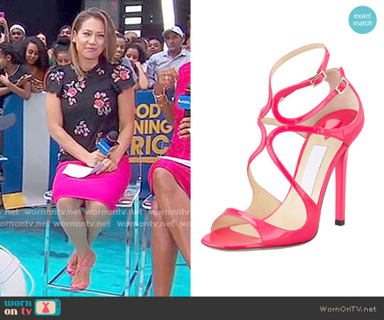 Jimmy Choo Lang Patent Strappy Sandal worn by Ginger Zee on Good Morning America