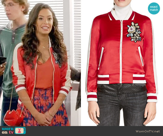 Maje Bob Embroidered Satin Bomber Jacket worn by Kibby Ainsley (Chloe Bridges) on Daytime Divas