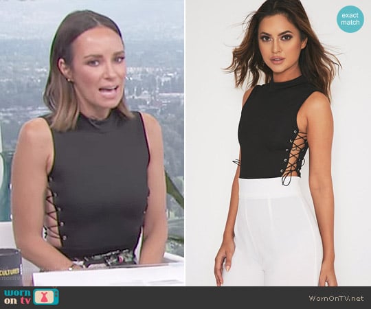 Pretty Little Thing Annette Black Lace Up Side Thong Bodysuit worn by Catt Sadler on E! News