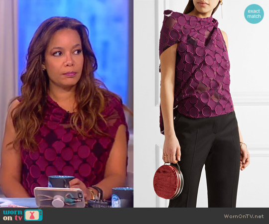 Roland Mouret Eugene open-back draped fil coupé top worn by Sunny Hostin on The View