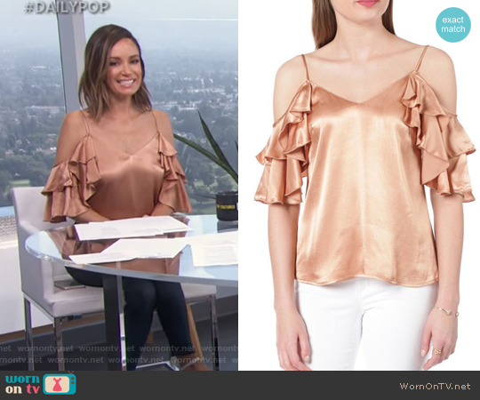 WAYF Contemporary Satin Cold Shoulder Ruffle Tank worn by Catt Sadler on E! News