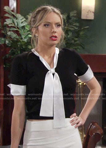 Abby’s black top with white tie neck on The Young and the Restless
