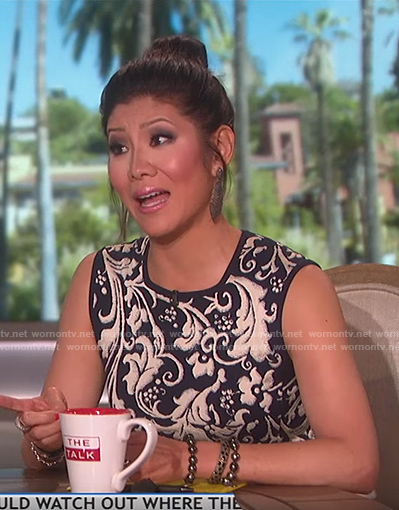 Julie’s black floral embroidered short dress on The Talk