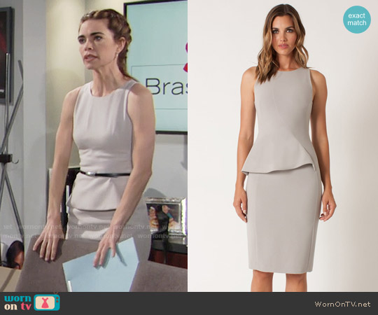 Black Halo Kiara Dress in Stratus worn by Victoria Newman (Amelia Heinle) on The Young and the Restless