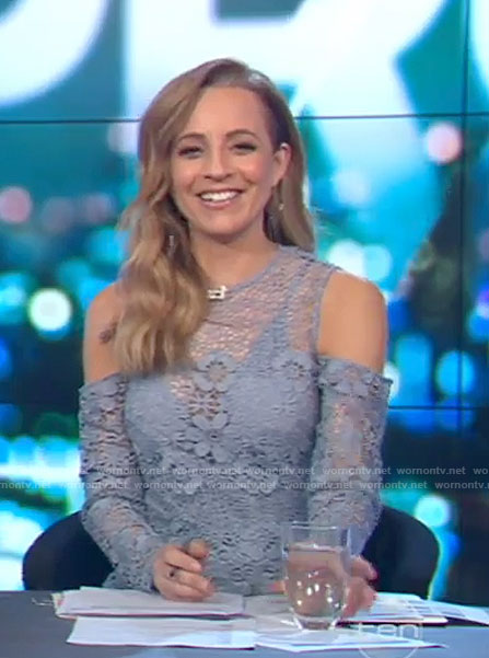 Carrie’s blue cold-shoulder lace dress on The Project