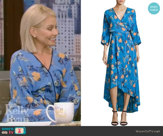 Diane von Furstenberg Blue Silk Floral Asymmetric Wrap dress worn by Kelly Ripa on Live with Kelly and Mark