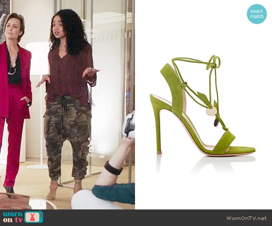 Gianvito Rossi Cherry Suede Ankle-Tie Sandals worn by Kat Edison (Aisha Dee) on The Bold Type