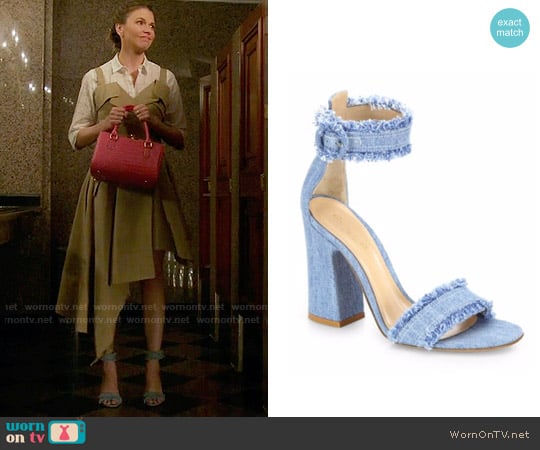 Gianvito Rossi Kiki Frayed Denim Sandals worn by Liza Miller (Sutton Foster) on Younger