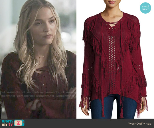 Hiche Fringe Open-Knit Lace-Up Sweater in Burgundy worn by Maddie Jaymes (Lennon Stella) on Nashville
